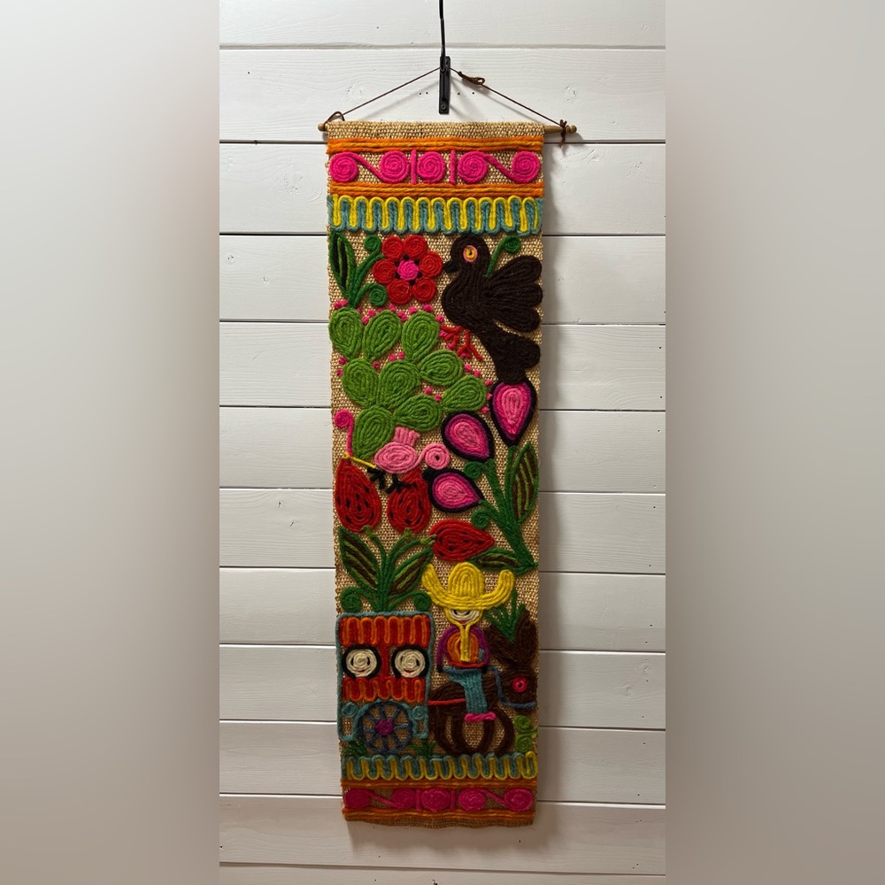 Vintage Mexican Folk Art Yarn Wall Hanging Multicolor Boho Textile Decor